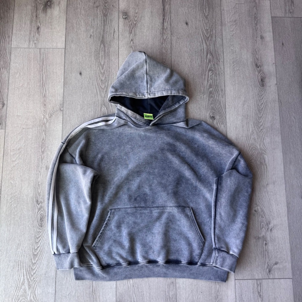 Neoity Acid Wash Distressed Hoodie Gray White Stripe Streetwear Free Size